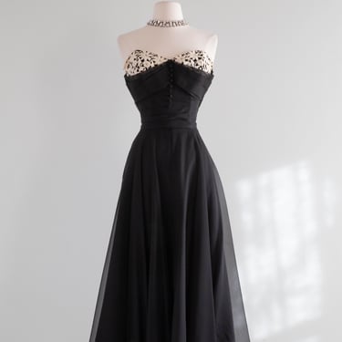 Gorgeous 1950's Black Strapless Evening Dress With Floral Lace Bodice / Waist 26"