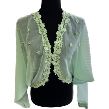 Vintage Mint Green Sheer Jacket, Sheer Green Cover Up, Mint Green Jacket, Vintage Dresswear, Floral Pearl Jacket, Sheer Bolo Jacket, Green 