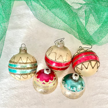Shiny Brite Ornaments, Lot 5,  Vintage Glass Christmas Ornaments, Japan, Mid Century Holiday Decor 