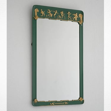 Rare 1940s Scandinavian Wall Mirror, Aqua Green and Gold Painted Metal Frame with Relief Details 