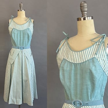 1950s Day Dress / 1950s Dead Stock Blue & White Striped Dress / Dress with Pockets / Size Extra Small Small 