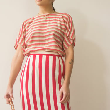 1970s Cacharel Red Silk Striped Skirt 