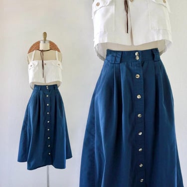 full button skirt 29-31 - vintage 90s y2k womens blue cotton midi skirt a line minimal casual 