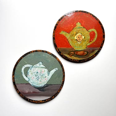 Pair of Ira Yeager Teapot Paintings, 1990s Postmodern Vintage Listed Artist 12” 