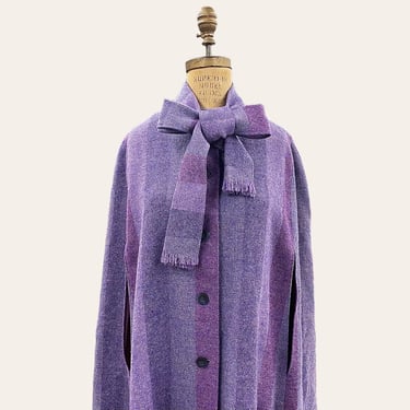 Vintage Avoca Collection Wool Cape 1980s Retro Size L + Purple + Striped + Ankle Length + Scarf Neck Tie + Button Front + Wicklow Ireland 