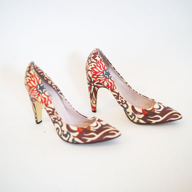 Vintage Emilio Pucci Abstract Print Leather Heels with Pointed Toe Floral Flame Psychedelic sz 38.5 8 8.5 Y2K 