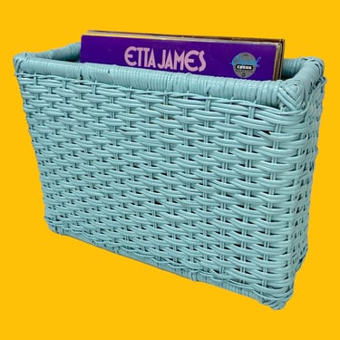 Vintage Magazine Rack Retro 1980s Farmhouse + Woven Wicker + Robins Egg Blue + Rectangular + Vinyl Record Storage/Organization + Home Decor 