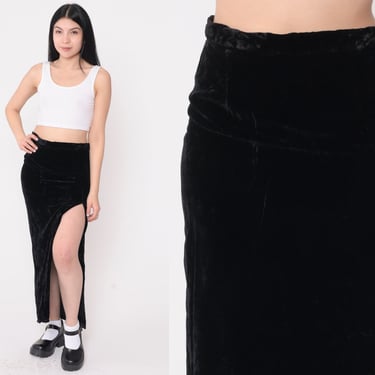 Black Velvet Skirt 90s Side Slit Long Maxi Skirt Simple High Waisted Goth Party Retro Boho Chic Gothic Plain Vintage 1990s Small 4 