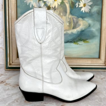 White Leather Cowgirl Boots, Mid Calf, Cowboy Rodeo Chic, Rebecca Minkhoff, Cowgirl Chic, Rodeo Queen, Stacked Heel, 