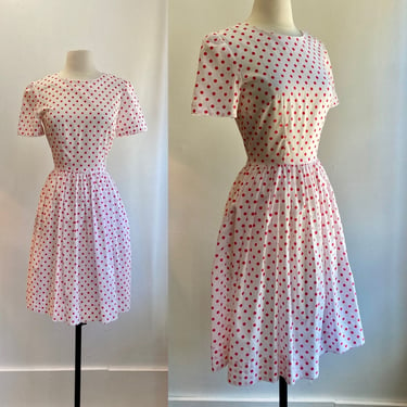 Vintage 50s Dress / Fit Flare / POLKA-DOTS + POCKETS / Red on White Cotton 