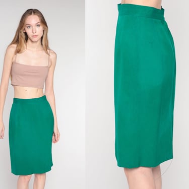 Green Silk Skirt 90s Pencil Skirt High Waisted Wiggle Midi Skirt Retro Basic Professional Secretary Skirt Plain Simple Vintage 1990s Small 6 