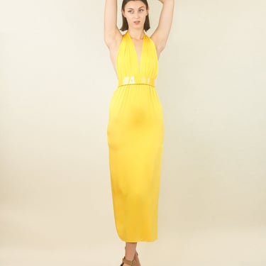 Yellow 70's Halter Dress with Belt 