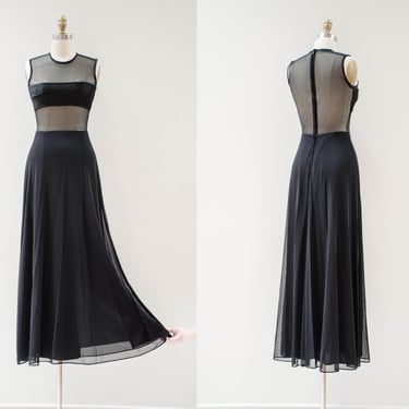 black mesh dress | 90s y2k vintage Tadashi Shoji glamorous sheer mesh bandeau tight stretchy floor length gown 