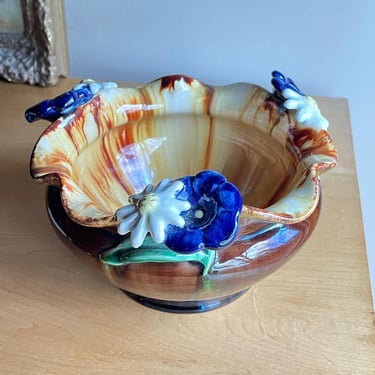 Royal Vienna Figural Garden Bowl Floral Decor Sculptures Vintage Early Century Victorian Majolica Vivid Glaze Drippy Colorful Stoneware 