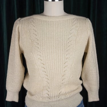 Vintage 1980s Wyndcliff Ivory Boatneck Sweater with Gold Metallic Lurex Thread and Puff Sleeves 