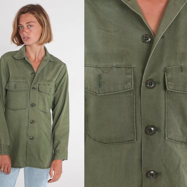 Green Army Shirt 80s Military Style Button Up Shirt Retro Collared Chest Pocket Long Sleeve Army Plain Oxford Vintage 1980s Men's Small S 