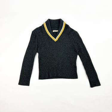 1960s Grey and Mustard Roll Neck Sweater / Collegiate / Lambs Wool / Varsity / Military / Rockabilly / Small / Medium / Chunky Knit / S / 