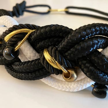 Vintage 80s Braided Cord Belt • Black + White • Gold Accents • Stretch Elastic Loop & Hook • Eighties Accessory • Small / Medium 28
