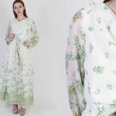 70s Miss Elliette Floral Maxi Dress, Layered Green Day Party Outfit, Vintage 1970's Prairie Garden Long Dress 