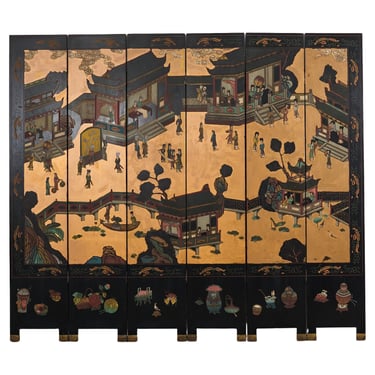 Chinese Export Six Panel Coromandel Screen Gilt Pavilion