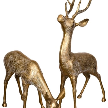 Pair of Large Brass Deer Sculptures Buck & Doe 
