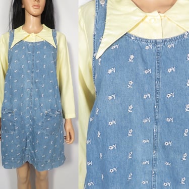 Vintage 90s Denim Jumper Dress With Eyelet Lace Pattern Size L 