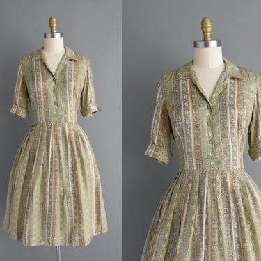 1950s vintage dress | Green Silk Paisley Print Short Sleeve Full Skirt Shirtwaist Dress | Large | 50s dress 