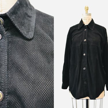 Vintage 90s Black Leather Shirt Button Down Perforated Sueded Leather Shirt Long Sleeve Top Leather Blouse Top Large 90s Black Suede Shirt 