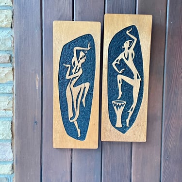 Vintage Mid-Century Wooden Carved Tiki Musician Dancers Carved Hand-Painted Rikuah Israel Wall Decor 