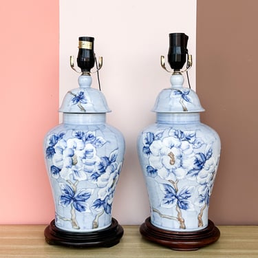 Pair of Blue Floral Ginger Jar Lamps