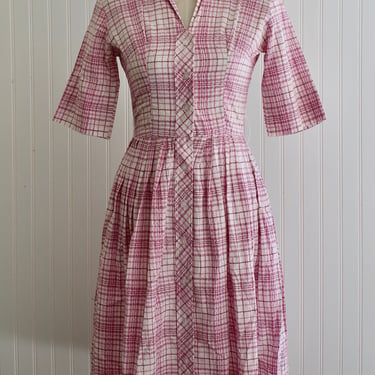 1950s - Pink Plaid Cotton Shirtdress - by Ben Art Frock - Shirtwaist Dress - Patio Dress 