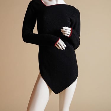 Gianfranco Ferre asymmetrical knit sweater in black with red trim and subtle sparkle throughout 