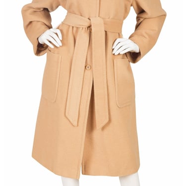 Louis Féraud 1990s Vintage Camel Wool Belted Collared Coat 