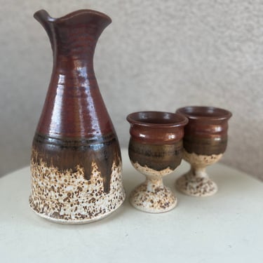 Vintage studio art pottery decanter carafe with 2 goblets browns stamped signature 