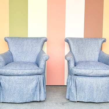 Pair of Blue and White Upholstered Pagoda Chairs