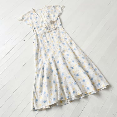 1930s Yellow, Blue & White Polka Dot Cotton Dress – Sheer Flutter Sleeve Bias Cut, XS/S Vintage 