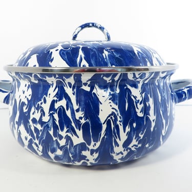 Vintage Blue Swirl Splatter Enamel Ware Lidded Pot - Golden Rabbit Blue and White Enameled Ware Covered Pot 