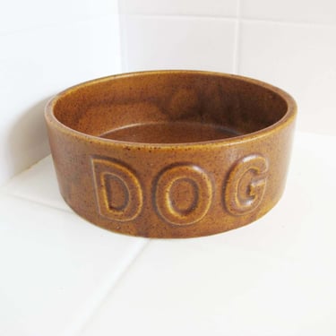 Vintage Dog Food Bowl - Brown Speckled Studio Ceramic Spell out Dog Pet Bowl - Animal Lover Dog Mom Dad Gift 