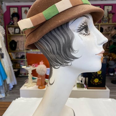 vintage 1950s hat, brown and green striped, mrs maisel millinery, Eva Mae modes 