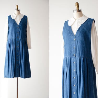 denim pinafore dress | 80s 90s vintage blue jean dark academia cottagecore oversized midi dress 