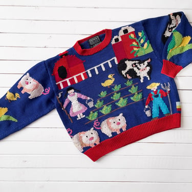 cute cottagecore sweater | 80s vintage BEREK Old McDonald farm barn cow pig roosted novelty embroidered granny style hand knit sweater 