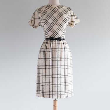Chic 1960's Window Pane Plaid Dress With Bow Belt / Small