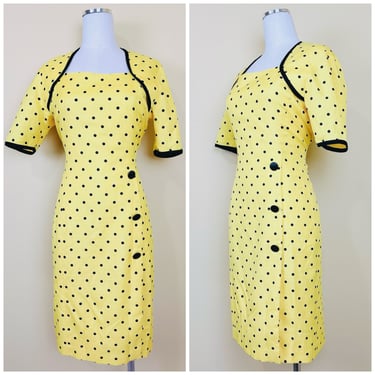 90s Braemar By Jeremy Scott Yellow Wiggle Dress / 90s Polka Dot New Wave Rockabilly Dress / Size Medium - Large 