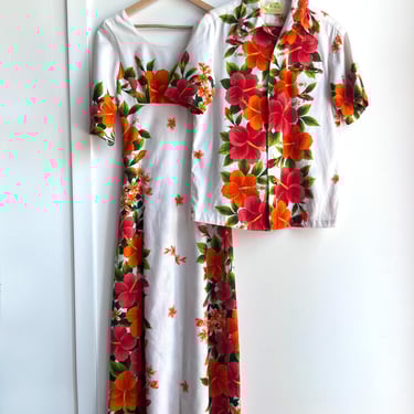Ui-Maikai Honeymoon Set, Tropical Floral Cotton Barkcloth in Orange & Green, Maxi Dress, Hawaiian Dress and Men's Hawaiian Shirt, Wedding 
