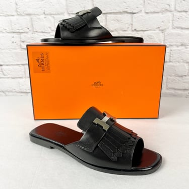 HERMES Goatskin Alma Sandals, Size 36, Black/Silver, New.