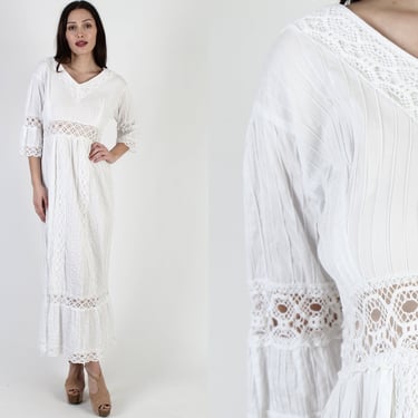 All White Mexican Wedding Dress / South American Crochet Lace Dress / Vintage 70s Ethnic Pintuck Dress / Half Bell Sleeves Maxi Gown 
