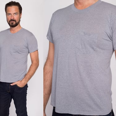 M| 80s Plain Grey Pocket Tee - Men's Medium | Vintage Paper Thin Blank T Shirt 