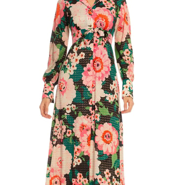 1970S Green & Pink Acetate Blend Lurex Floral Button Down Shirt Dress 