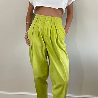 90s paperbag waist pants / vintage lime chartreuse cotton high waisted baggy pleated tapered trousers pants | 26 waist 