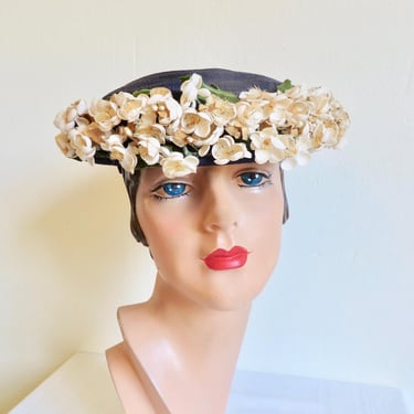 1950's Navy Blue Straw Hat with Small White Flowers Trim 50's Spring Summer Millinery Rockabilly Hats Gene Doris New York 